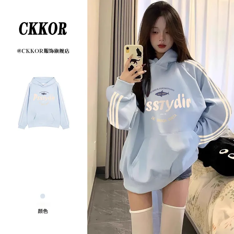 CKKOR春秋款时尚少女风加绒加厚卫衣女美式潮牌三条杠ins连帽上衣