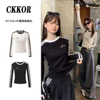 CKKOR秋季新款修身显瘦条纹长袖t恤女美式时尚印花辣妹风圆领上衣