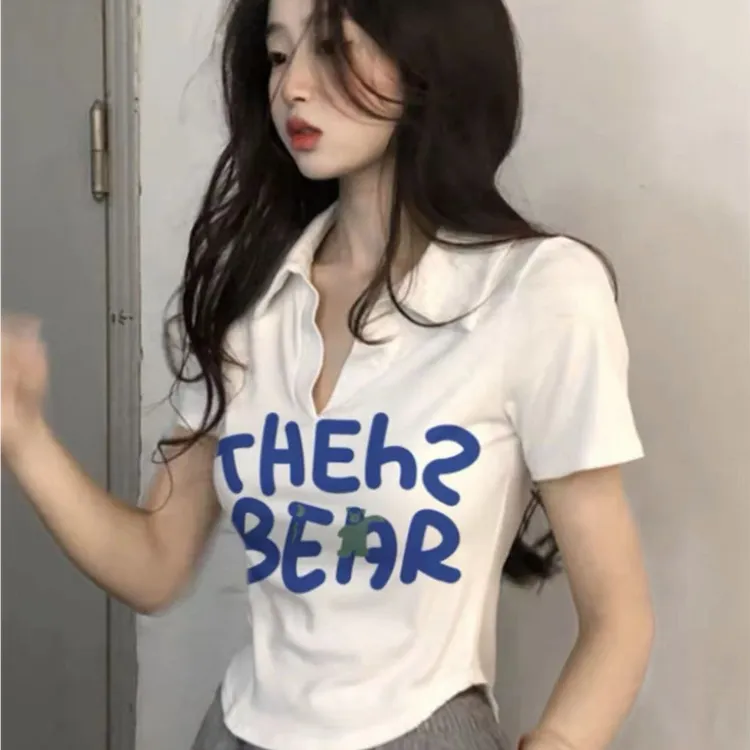 CKKOR美式POLO领短袖慵懒氛围设计感女小众修身别致上衣ins辣甜妹
