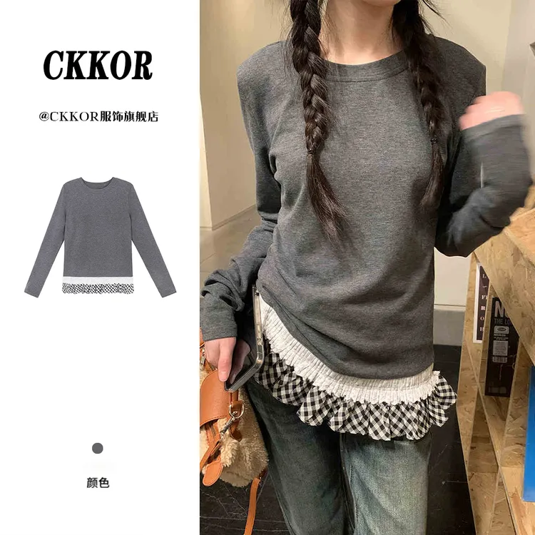 CKKOR春秋新款韩版荷叶边设计感长袖t恤女磨毛保暖德绒圆领打底衫