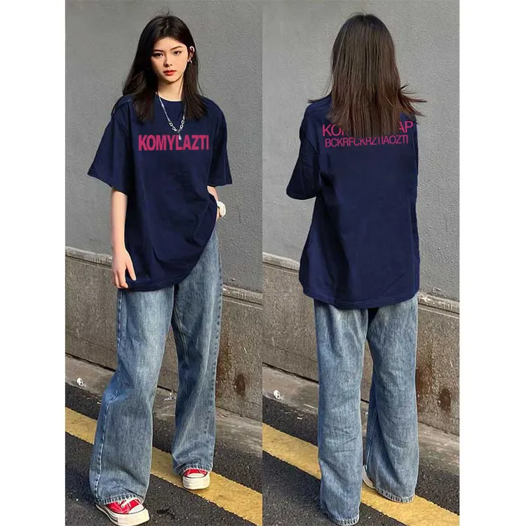 CKKOR【纯棉短袖】藏蓝色简约风字母印花t恤夏季新款潮流ins上衣潮