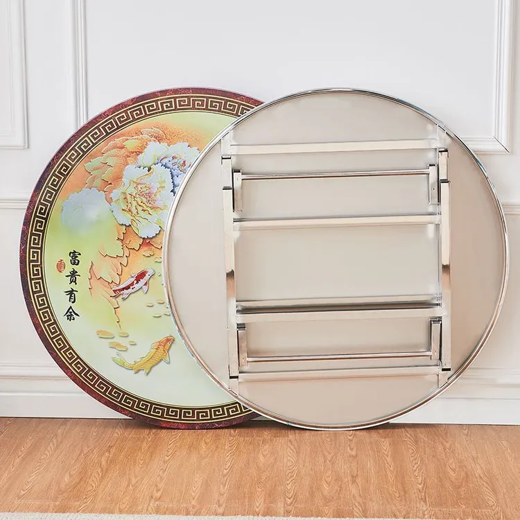 加厚彩图不锈钢耐用折叠全彩连体圆桌家用吃饭宴会客厅婚庆翻桌子