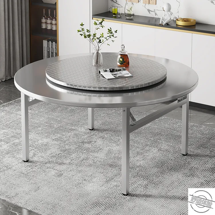 加厚不锈钢内置转盘折叠桌圆桌餐桌带转盘家用酒席饭店圆桌火锅桌