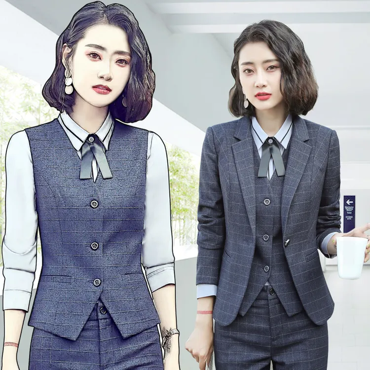 2025春秋蓝色格子西装套装女职业装工作服时尚正装气质英伦西服ol
