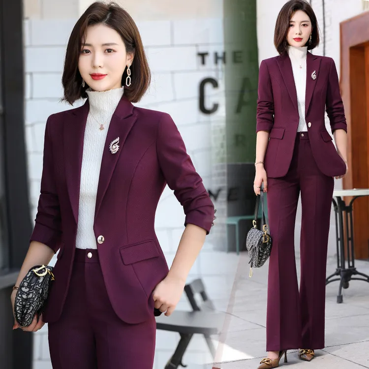 紫色高端职业套裤女正装秋新款阔腿裤西装气质女神范工作服A8502