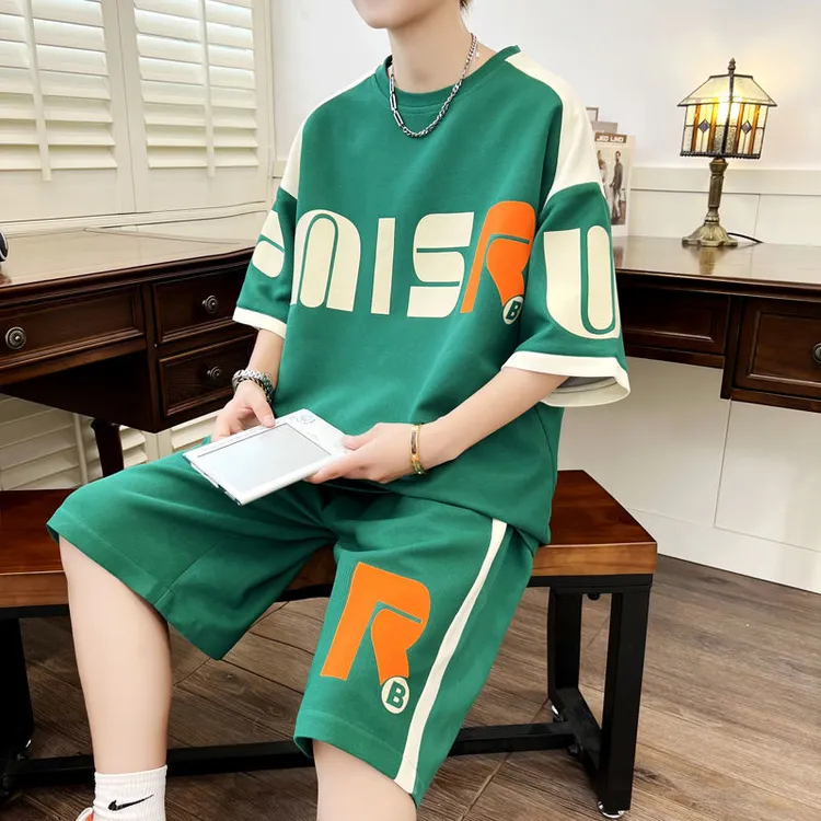 夏天华夫格帅气休闲短袖短裤薄款初高中学生潮男大童宽松T恤2件套