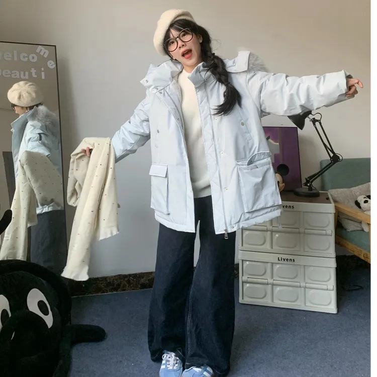 300斤特大码女装冰川蓝工装派克服胖MM新款加绒加厚宽松百搭棉服