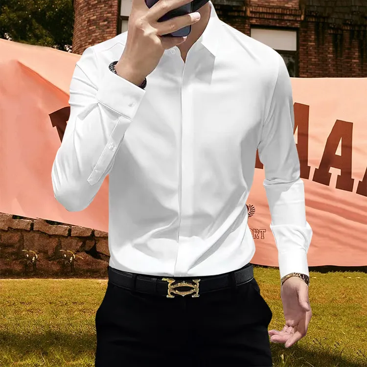 欧货潮牌高级感暗门襟纯色衬衫男士长袖免烫抗皱修身商务休闲衬衣
