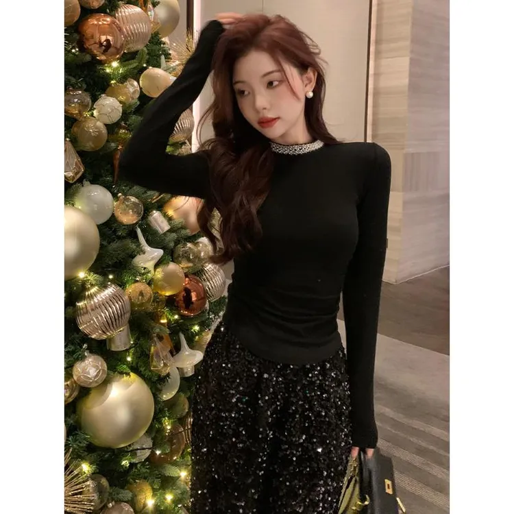 镶钻洋气打底衫女2024新款秋冬设计感修身显瘦超显身材的上衣t恤
