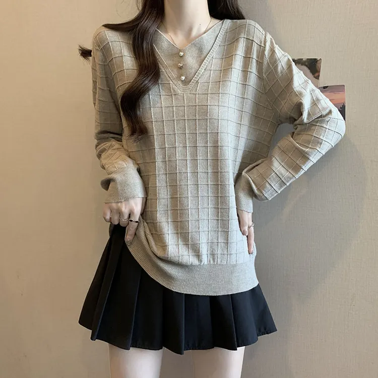 休闲假两件设计感V领长袖针织衫上衣女秋冬新款宽松显瘦百搭毛衣