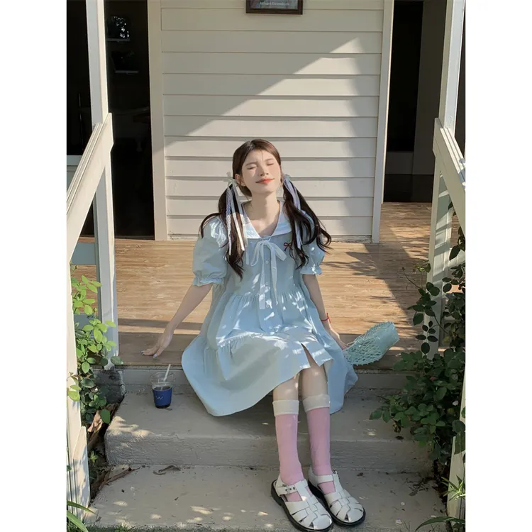 大码女装胖mm海军领设计感撞色连衣裙2025年夏季穿搭甜美少女短裙