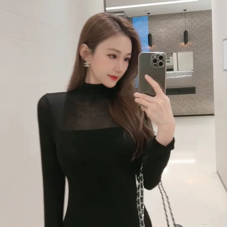 大静推荐【简爱】羊毛气质显瘦修身堆堆领中长裙长袖连衣高级针织裙