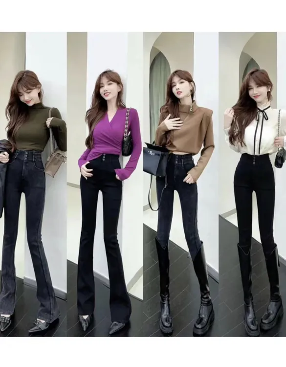 卡卡女装官方旗舰正品万能百搭收腰腿精小黑裤高腰显瘦微喇牛仔裤