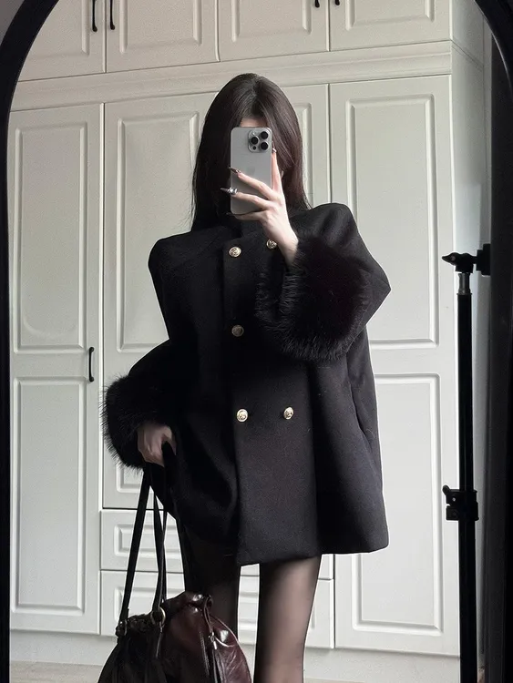 千金感呢子大衣黑色小香风气质温柔高级感毛毛手袖秋冬毛呢外套