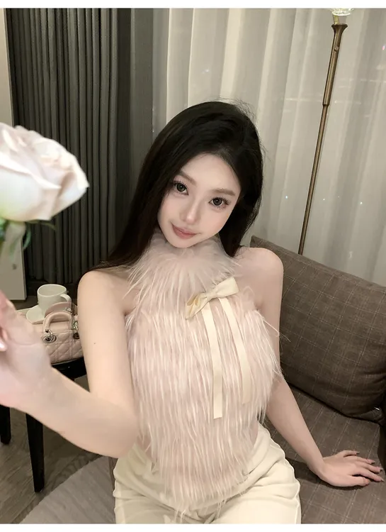 纯欲风辣妹性感蝴蝶结毛毛挂脖上衣名媛气质显瘦无袖短款背心上衣