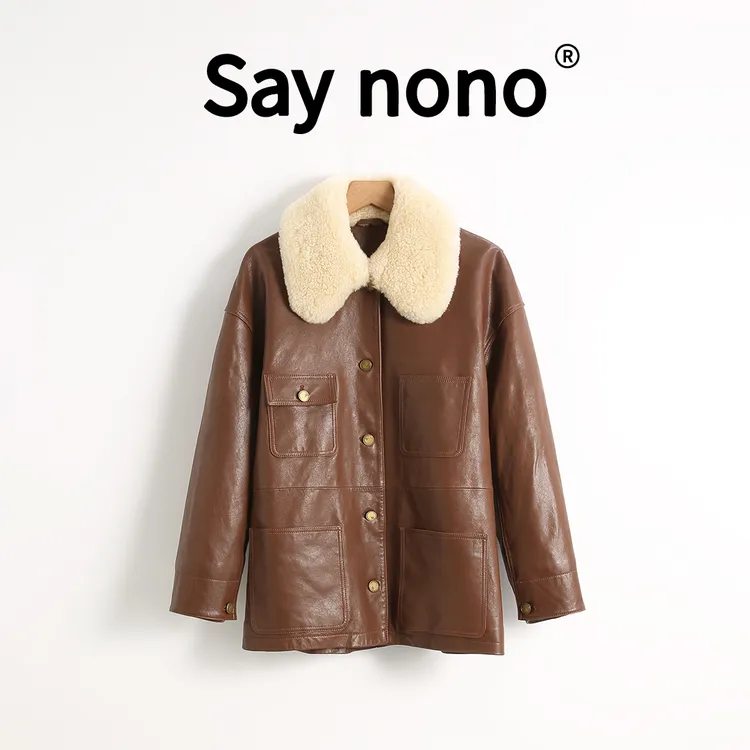 懒猫nono│Saynono 极简工装风领子撞色做旧皮衣外套 /LQ24250M