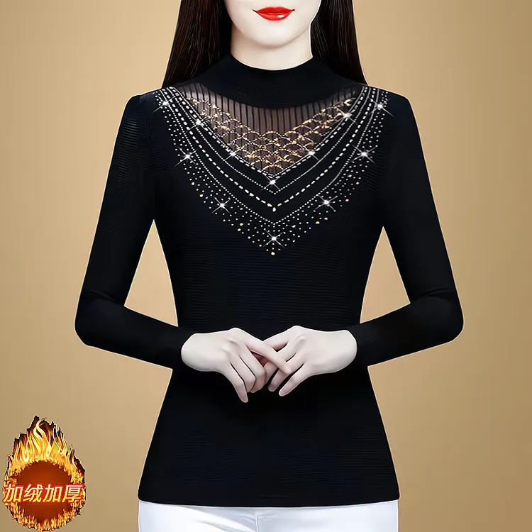 网纱打底衫女秋2024新款洋气镶钻高端显瘦内搭小衫长袖上衣6123