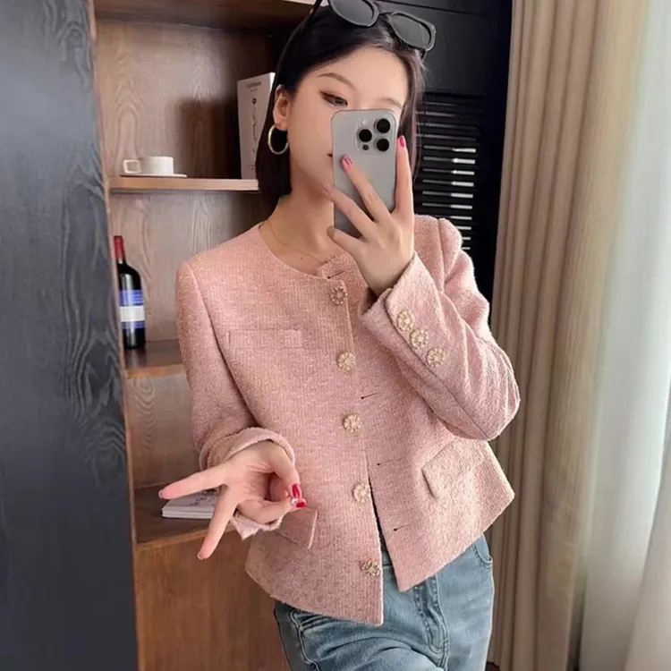 粉色短款名媛小香风外套女秋冬新款高级感复古气质小个子上衣
