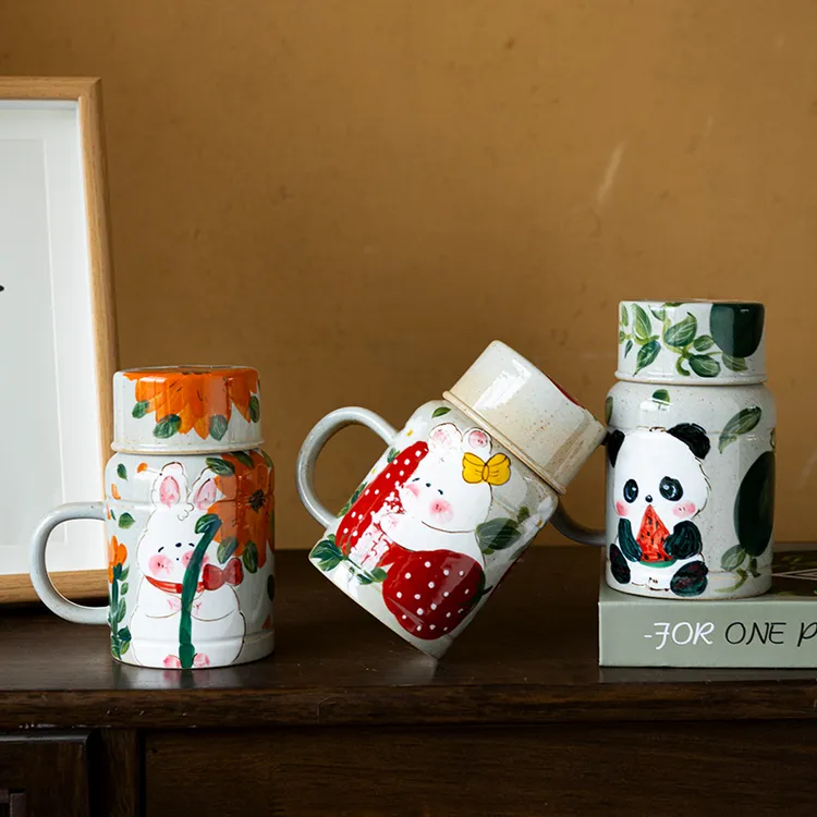 创意陶瓷杯带盖马克杯家用情侣水杯子办公室茶缸子复古手绘热水壶