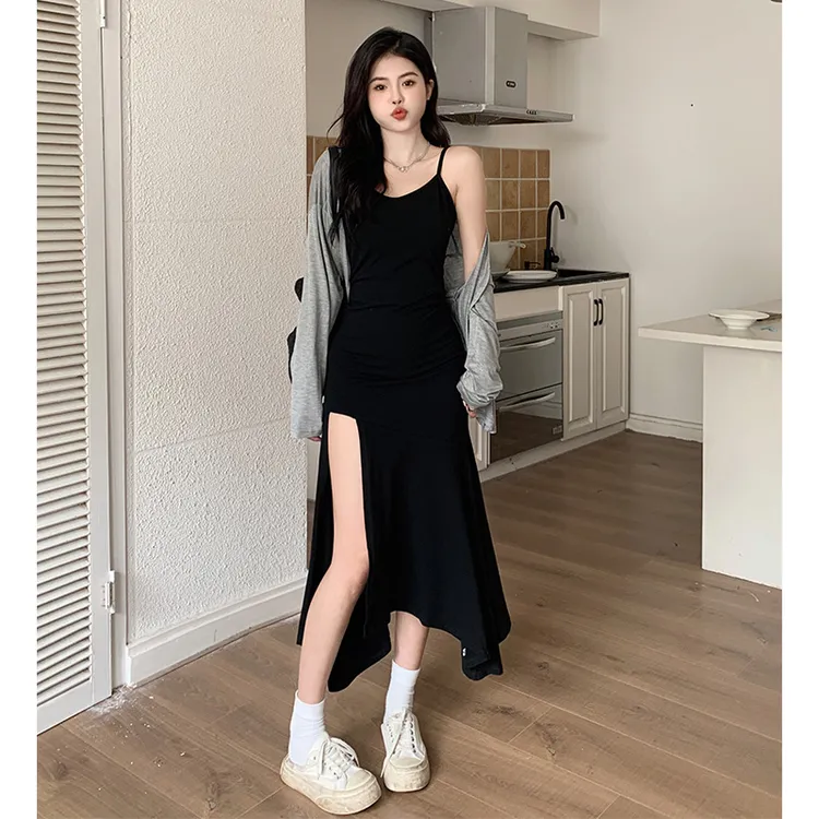 大码胖妹妹高级感辣妹黑色开叉鱼尾吊带裙+灰色薄款防晒开衫套装