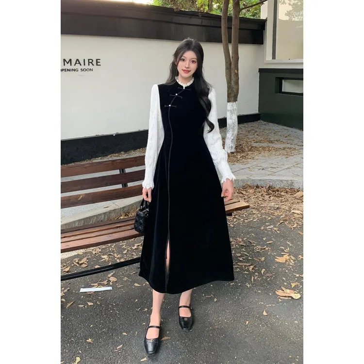 大码女装新中式假两件连衣裙2024秋季新款金丝绒气质收腰显瘦裙子