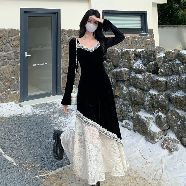 法式赫本风黑色丝绒拼接亮片蕾丝秋冬新款收腰显瘦大码女装连衣裙