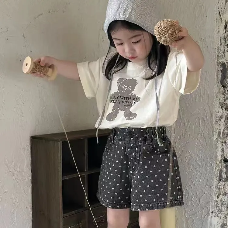 女童夏季套装24年新款休闲时尚百搭印花洋气T恤短袖点子牛仔短裤