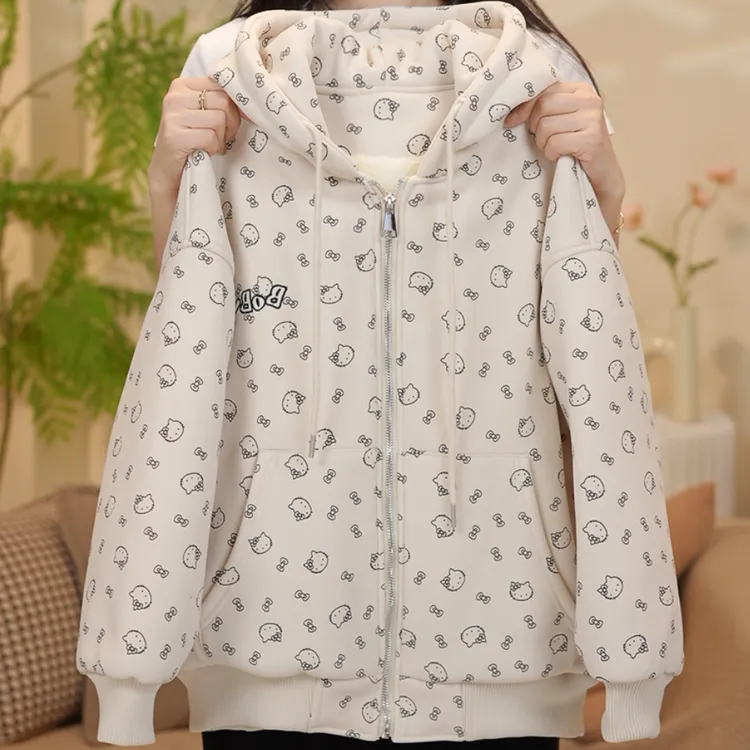 女大童加绒外套秋冬青少年加厚连帽卫衣拉链衫初中生棉袄棉服棉衣