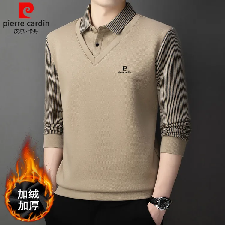 皮尔卡丹冬季加绒加厚假两件时尚百搭保暖潮流长袖衬衫领POLO衫男