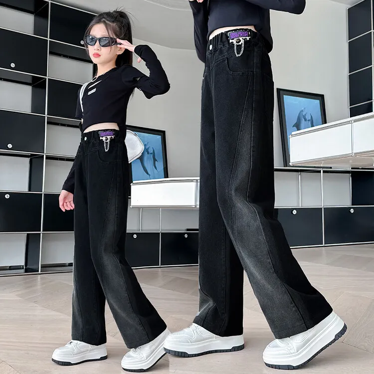 女童阔腿裤春秋款2024新款黑色渐变直筒裤休闲小女孩儿童牛仔长裤