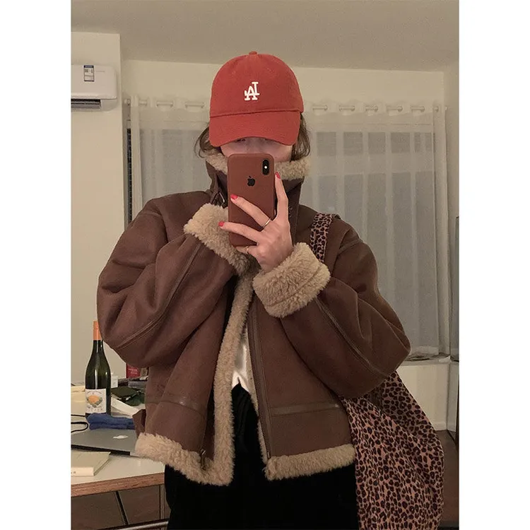 毛绒外套女秋冬拼接皮毛一体百搭羊羔绒短款韩版加厚机车服百搭