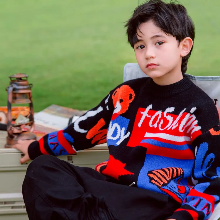 【美式街头】秋冬厚款羊绒卫衣针织童装落肩帅气大童保暖圆领Q061