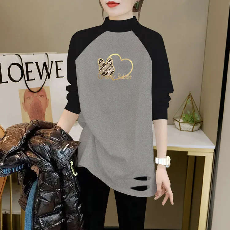 23新款纯棉打底衫女破洞冬季宽松配鲨鱼裤的上衣遮屁股中长款T恤