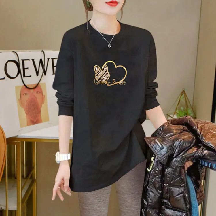 配鲨鱼裤的上衣休闲中长款大码纯棉长袖t恤女内搭秋冬圆领打底衫