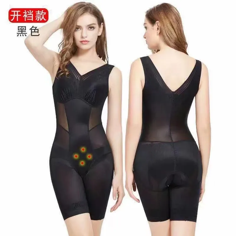 0092#平角V领加垫美体衣黑色修身女士连体衣收腰开裆性感聚拢提臀