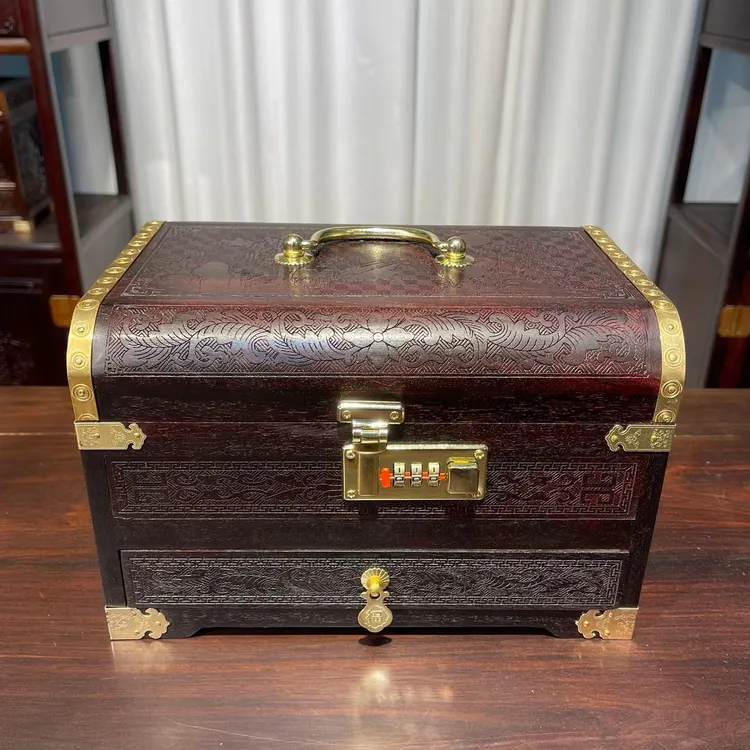 红酸枝雕刻密码箱首饰箱红木工艺品