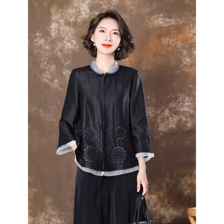 齐黛（QUEDIT）齐黛40姆米重磅真丝香云纱上衣女龟裂纹高端时尚年