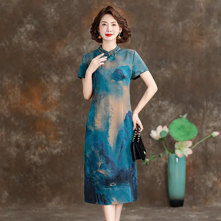 花罗香云纱连衣裙高端新款立领新中式改良旗袍裙复古桑蚕丝真丝裙