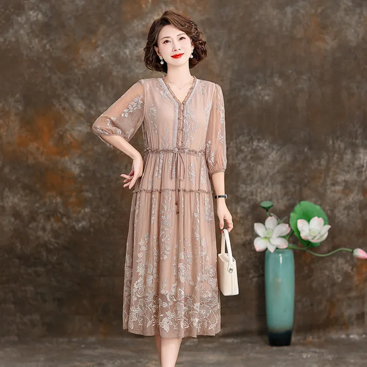 重磅真丝连衣裙女2024春夏新款五分袖修身显瘦气质优雅桑蚕丝裙子