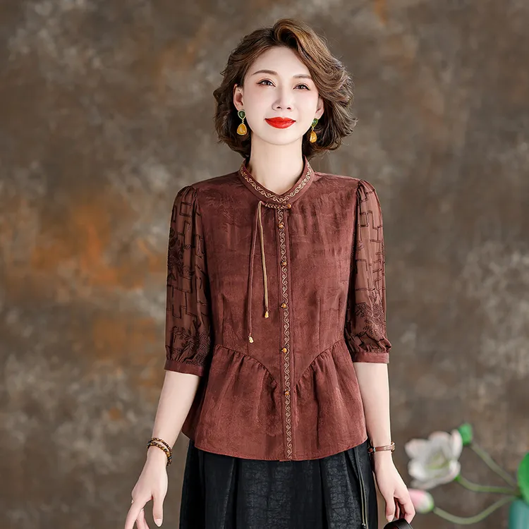 清仓场！新中式香云纱女上衣2025新款洋气减龄妈妈桑蚕丝真丝衬衫