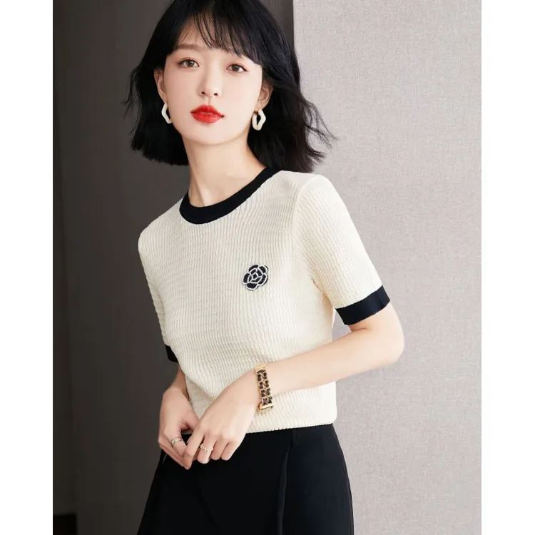 奥特莱斯清仓专柜品牌剪标女装小香风冰丝短袖T恤高级感撞色上衣