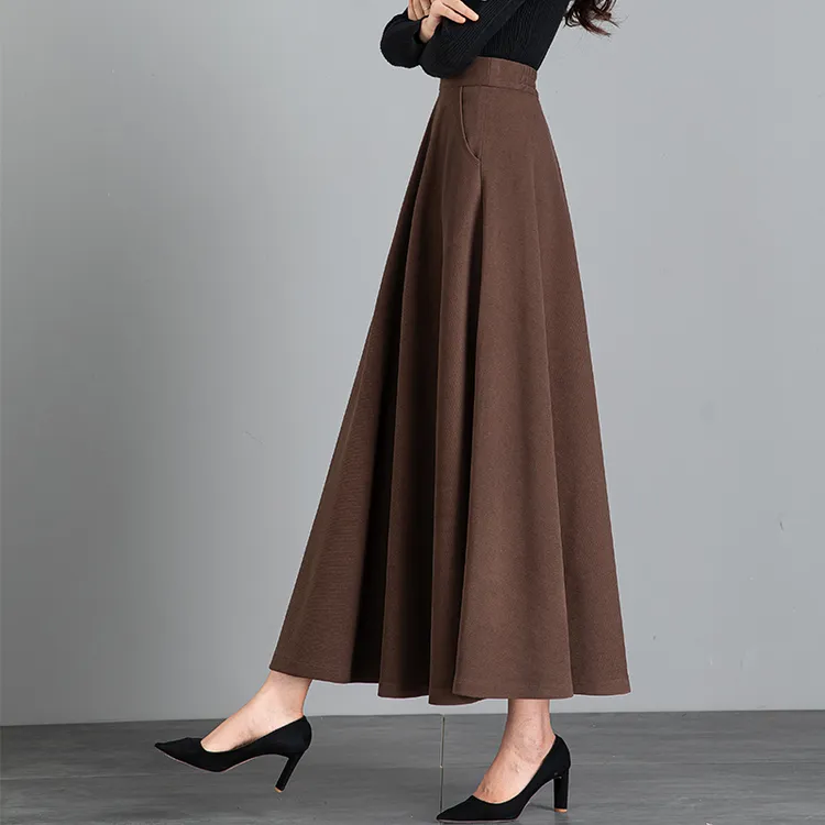 毛呢百褶裙半身裙女秋冬季新款高腰遮胯有口袋中长款大摆A字长裙