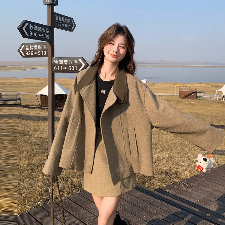 咖色外套半身裙两件套洋气女冬季短款气质慵懒风套装少女秋冬裙