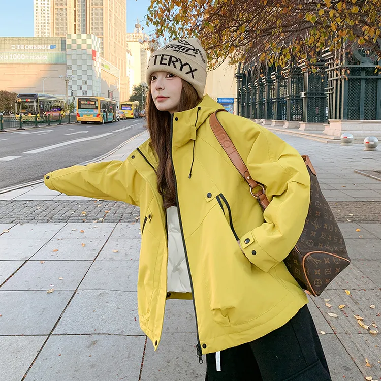 黄色工装连帽派克羽绒服女冬季外套加厚2025韩系春秋冲锋衣