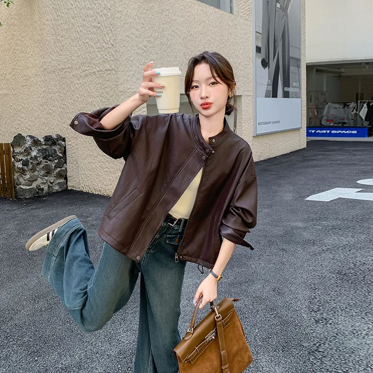 美德拉咖色皮衣女短款网红秋冬时尚洋气小个子气质甜酷夹克外套
