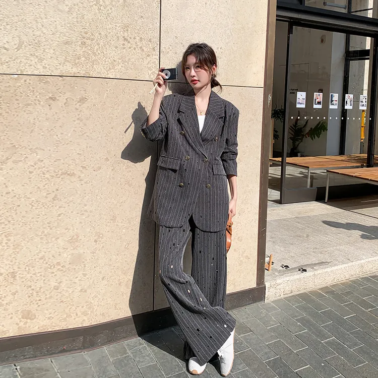 灰色职业西装外套直筒阔腿裤两件套女春秋冬网红韩版韩系休闲套装
