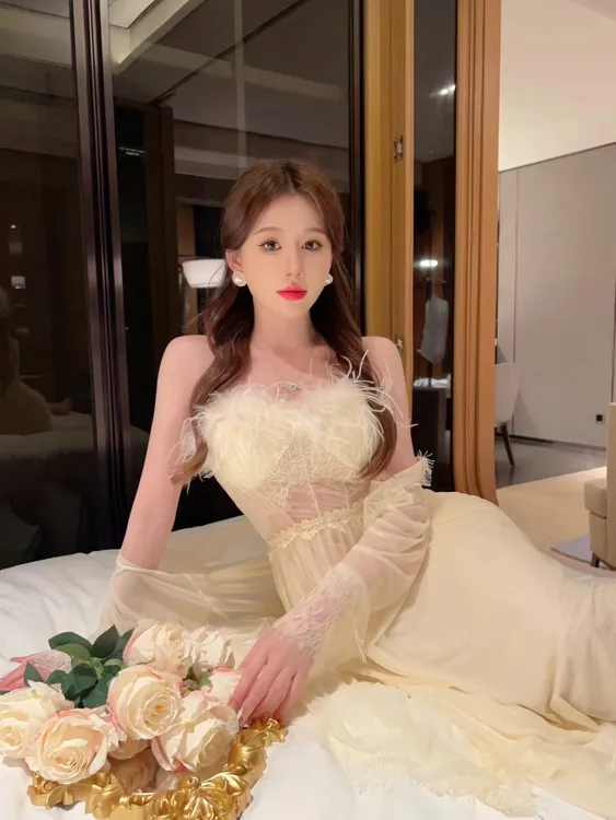 【法式名媛羽毛吊带宫廷式睡裙】轻奢高级感纯欲蕾丝网纱带胸垫晨袍