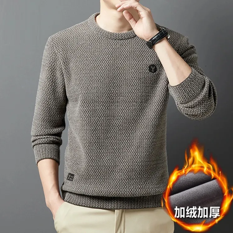 2024新款秋冬新款男士时尚宽松加绒加厚圆领针织衫保暖打底毛衣XJ商品图