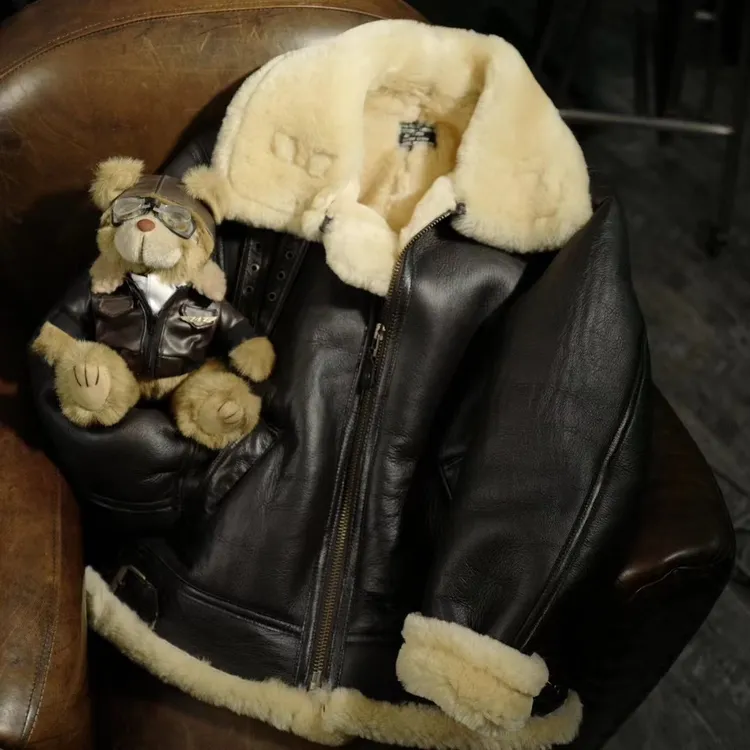 B3空军夹克外贸绵羊皮皮毛一体飞行服抗风保暖冬季男女同款三个色