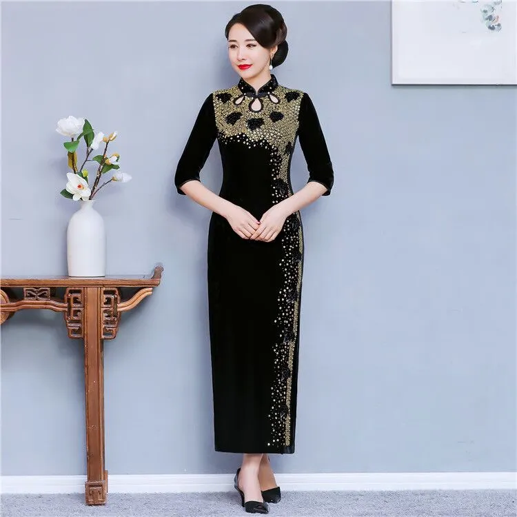 春秋演出改良复古妈妈装长款时尚黑色亮片走秀修身显瘦金丝绒旗袍